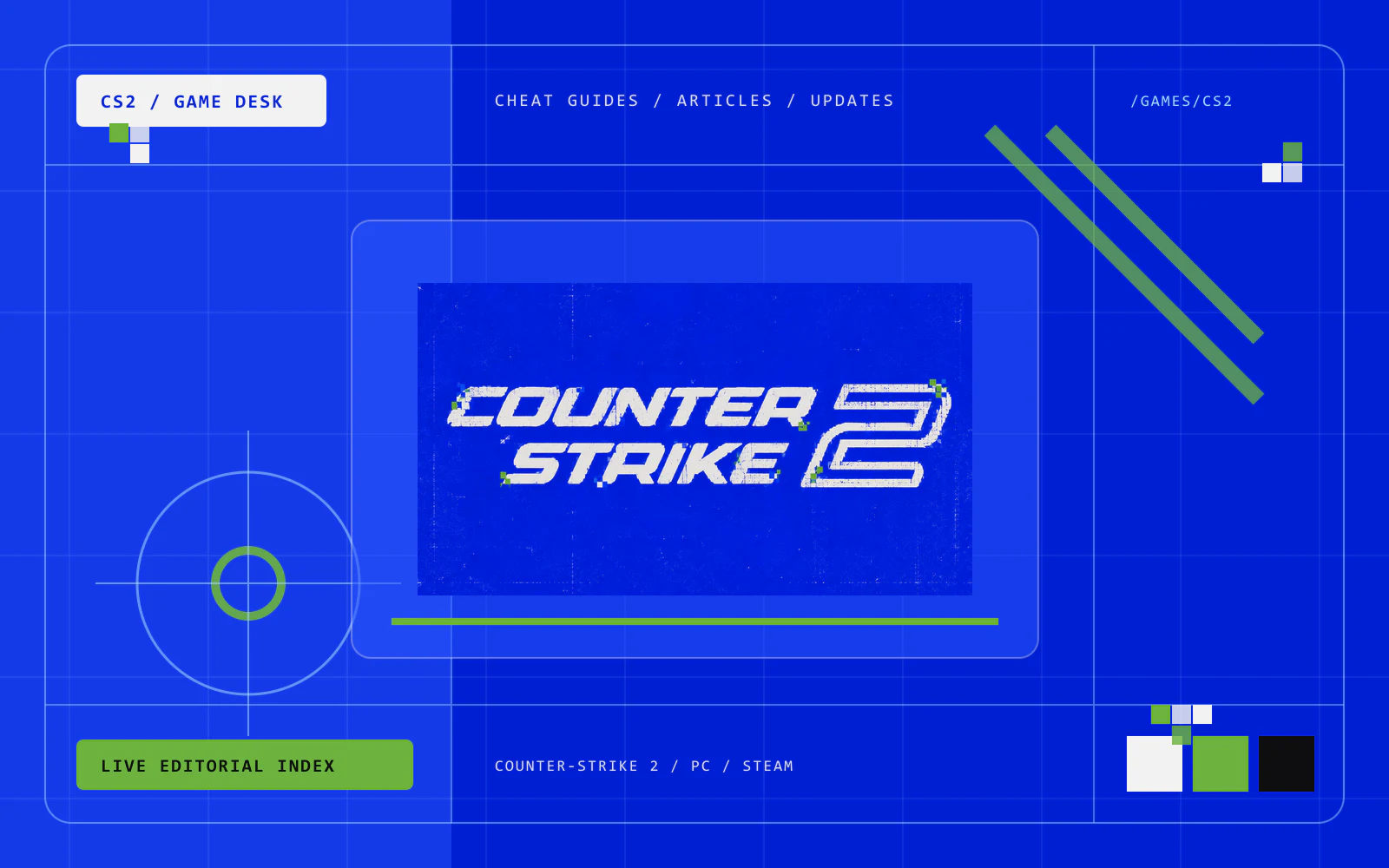 Counter-Strike 2 logo in a blue CheatsGaming editorial grid